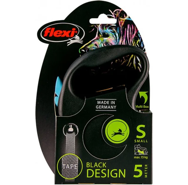 Повідець-рулетка Flexi Black Design S для собак до 15 кг, 5 м, стрічка, синя