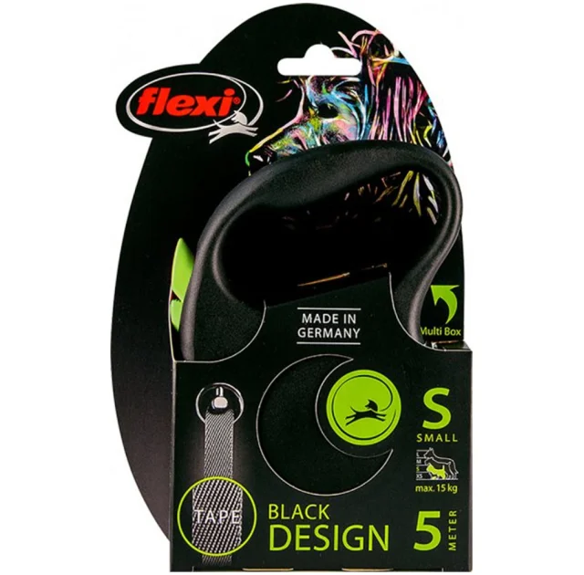 Повідець-рулетка Flexi Black Design S для собак до 15 кг, 5 м, стрічка, зелена
