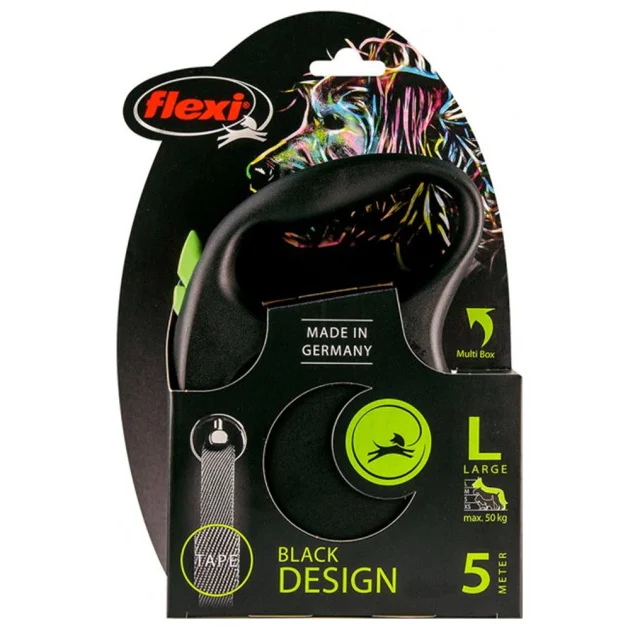 Поводок-рулетка Flexi Black Design L для собак до 50 кг, 5 м, лента, зеленая