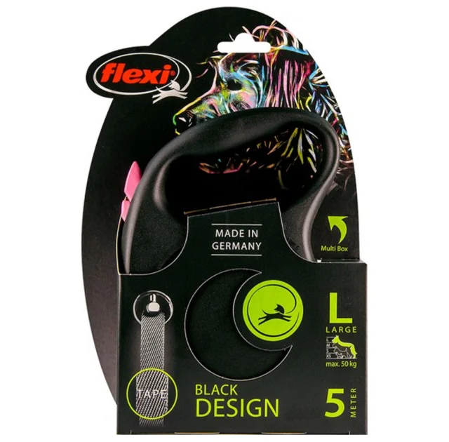 Поводок-рулетка Flexi Black Design L для собак до 50 кг, 5 м, лента, розовая