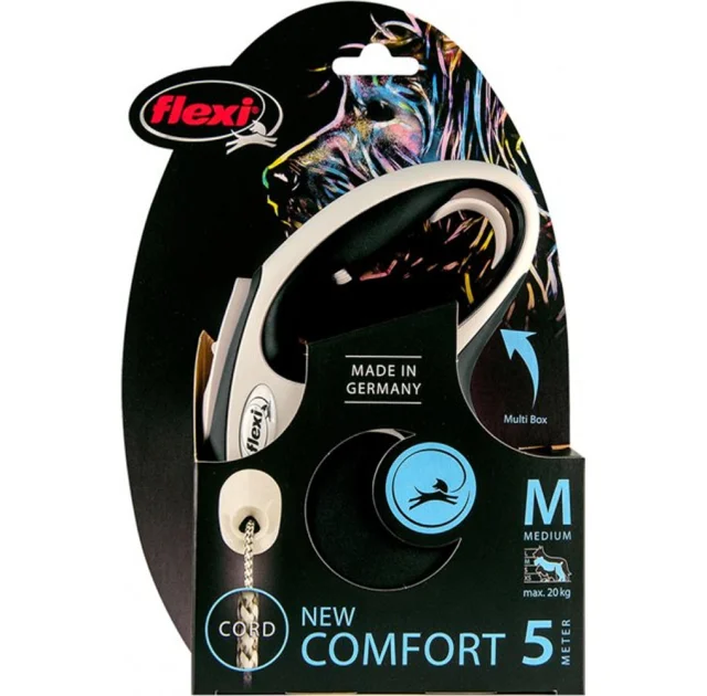 Поводок-рулетка Flexi New Comfort M для собак до 20 кг, 5 м, трос, чёрный
