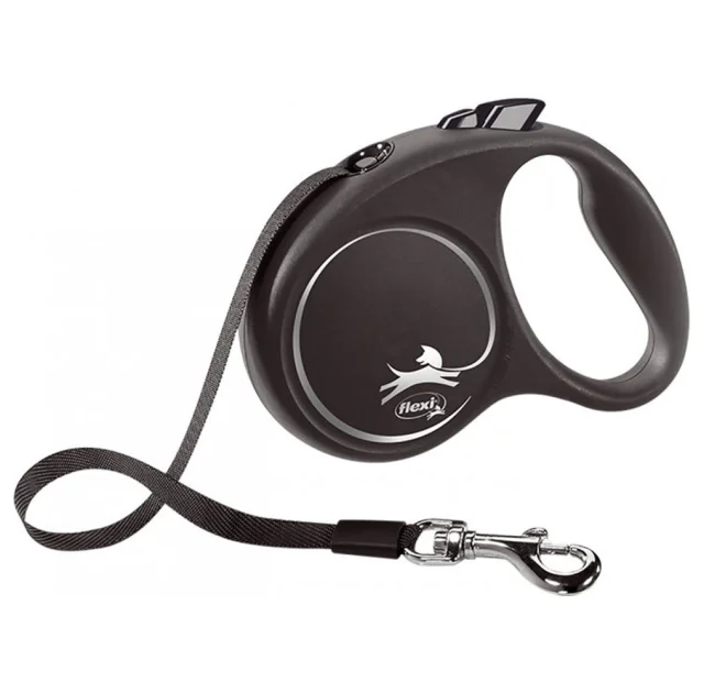 Повідець-рулетка Flexi Black Design S для собак до 15 кг, 5 м, стрічка, чорна