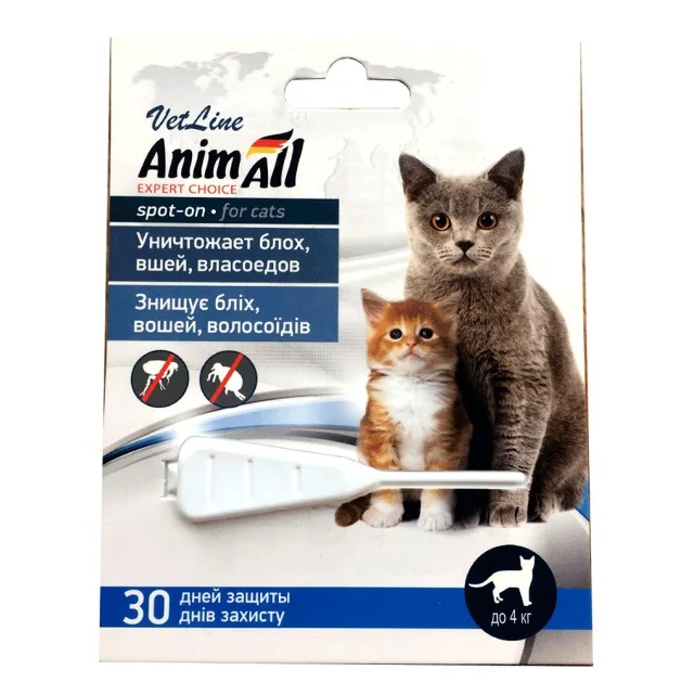 Краплі AnimAll VetLine Спот он проти бліх, вошей, волосоїдів, для котів до 4 кг, 0.5 мл