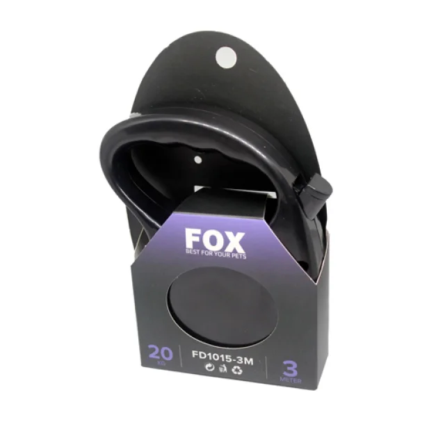 Поводок-рулетка Fox для собак до 20 кг, чорна, 3 м