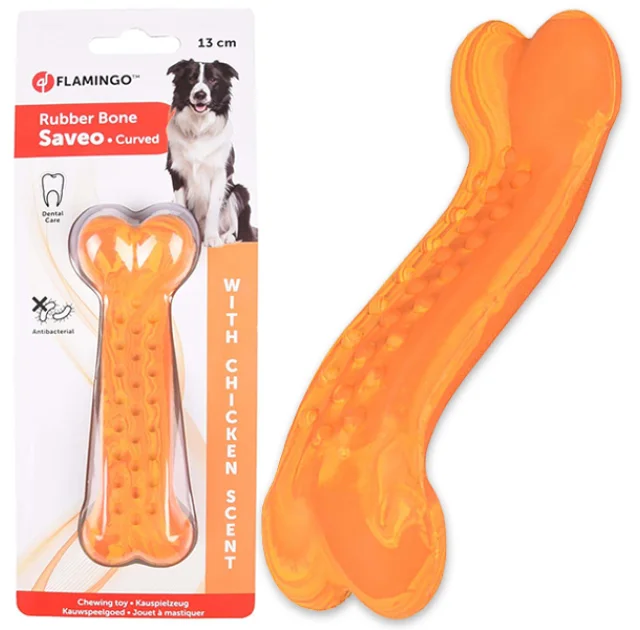 Игрушка жевательная Flamingo Rubber Saveo Curved Bone Chicken, вкус курицы, для собак, 13×4 см