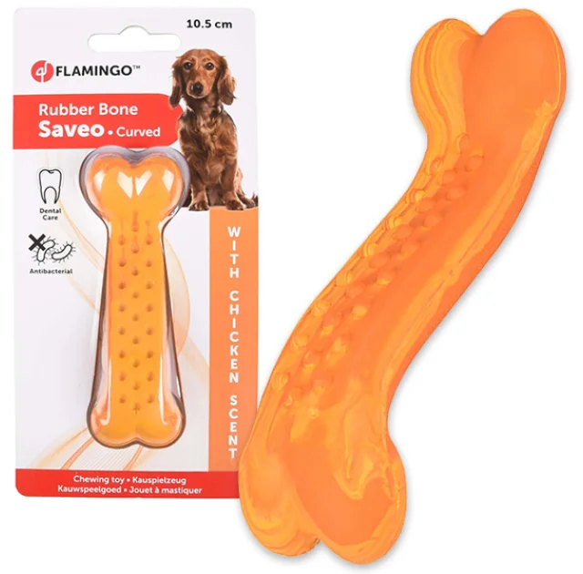 Игрушка жевательная Flamingo Rubber Saveo Curved Bone Chicken, вкус курицы, для собак, 10.5×3.5 см