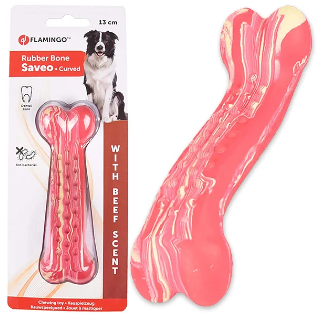 Игрушка жевательная Flamingo Rubber Saveo Curved Bone Beef, вкус говядины, для собак, 13×4 см