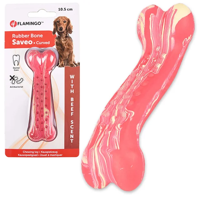Игрушка жевательная Flamingo Rubber Saveo Curved Bone Beef, вкус говядины, для собак, 10.5×3.5 см