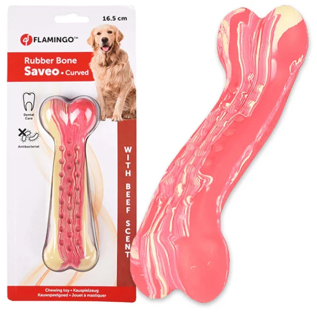 Игрушка жевательная Flamingo Rubber Saveo Curved Bone Beef, вкус говядины, для собак, 16.5×5 см