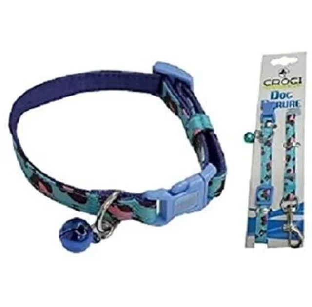Ошейник+поводок Croci Mini Jungle для собак, с колокольчиком, нейлон, голубой, 16-24×0.8 см/0.8×120 см