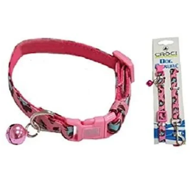 Нашийник+поводок Croci Mini Jungle для собак, з дзвіночком, нейлон, рожевий, 16-24×0.8 см/0.8×120 см