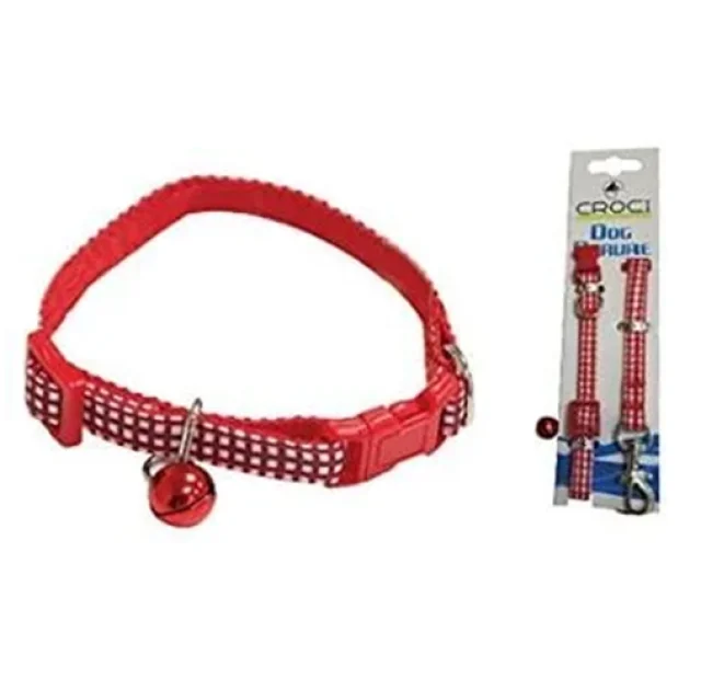 Ошейник+поводок Croci Mini Picnic для собак, с колокольчиком, нейлон, красный, 16-24×0.8 см/0.8×120 см