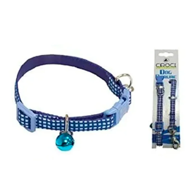 Нашийник+поводок Croci Mini Picnic для собак, з дзвіночком, нейлон, синій, 16-24×0.8 см/0.8×120 см