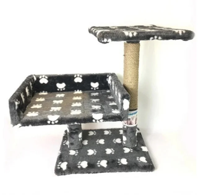 Когтеточка Пушистики для кошек, с 2-х этажным диваном, джут, серый с лапками, 30×38×50 см