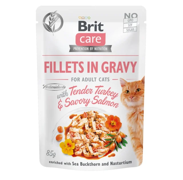 Влажный корм Brit Care Cat, для кошек, филе в соусе с лососем и индейкой, 85 г