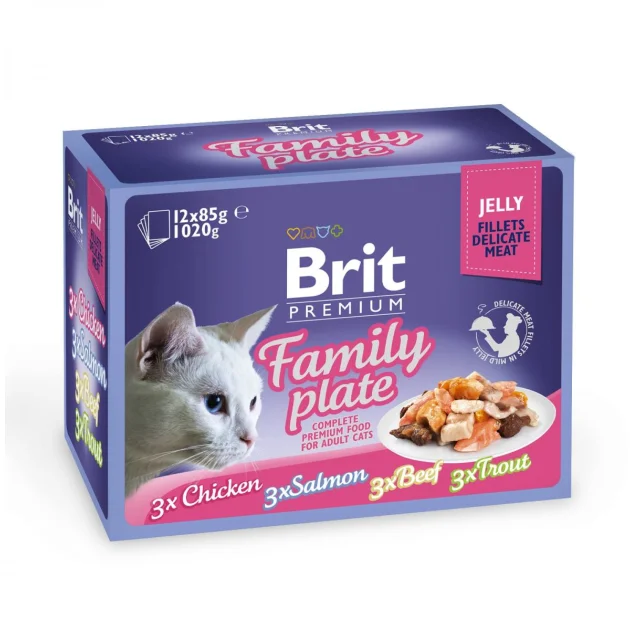Влажный корм Brit Premium Cat набор паучей, для кошек, семейная тарелка в желе, 12 шт, 85 г