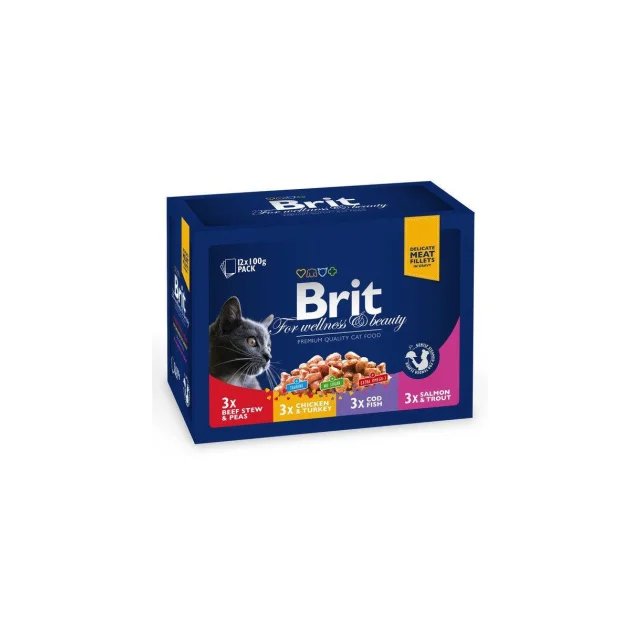 Влажный корм Brit Premium Cat набор паучей, для кошек, семейная тарелка в соусе 4 вкуса, 12 шт, 100 г