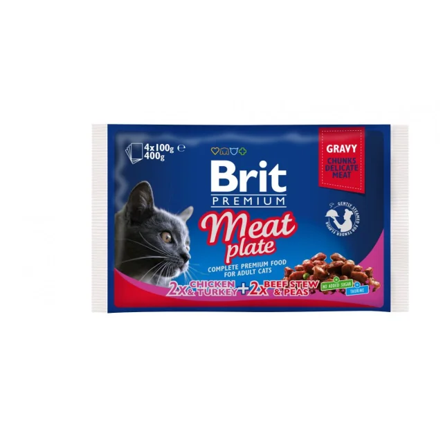 Влажный корм Brit Premium Cat набор паучей, для кошек, мясная тарелка в соусе, 4 шт, 100 г