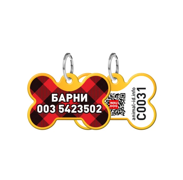 Адресник персональный WAUDOG Smart ID с QR-паспортом, рисунок "Шотландка", 31×21 мм, золото