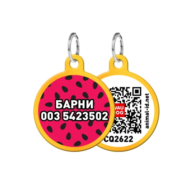 Адресник персональный WAUDOG Smart ID с QR-паспортом,  с рисунком "Арбуз", диаметр 25 мм, золото