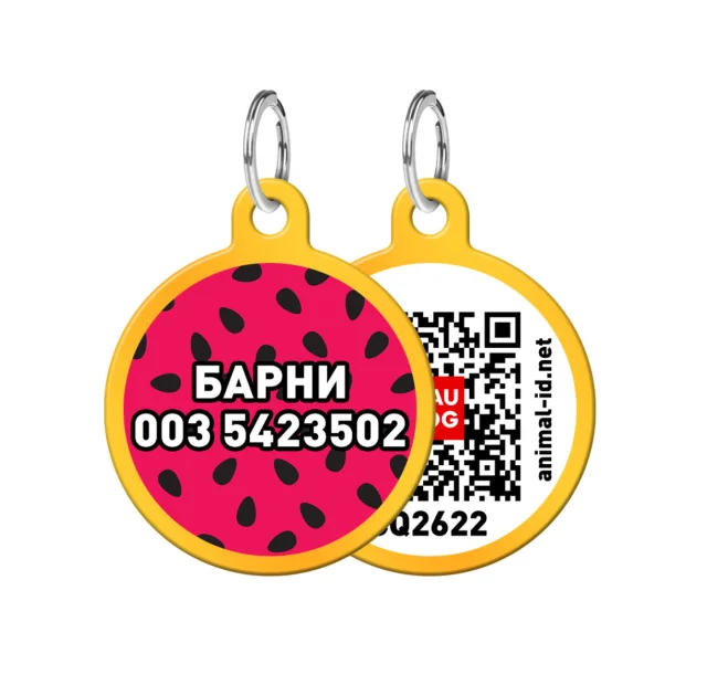 Адресник персональный WAUDOG Smart ID с QR-паспортом,  с рисунком "Арбуз", диаметр 30 мм, золото