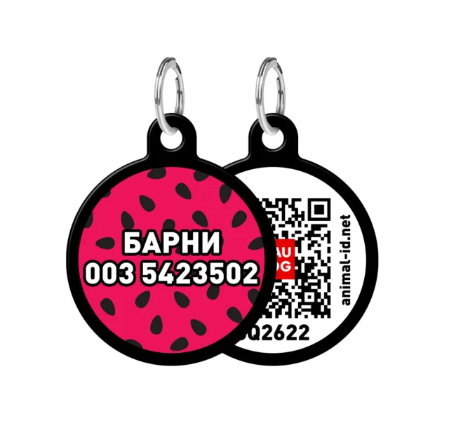 Адресник персональный WAUDOG Smart ID с QR-паспортом,  с рисунком "Арбуз", диаметр 30 мм, черный