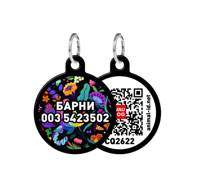Адресник персональный WAUDOG Smart ID с QR-паспортом,  с рисунком "Цветы", диаметр 25 мм, черный