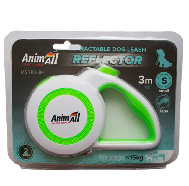 Поводок-рулетка AnimAll Reflector для собак весом до 15 кг, 3 м, салатово-белая