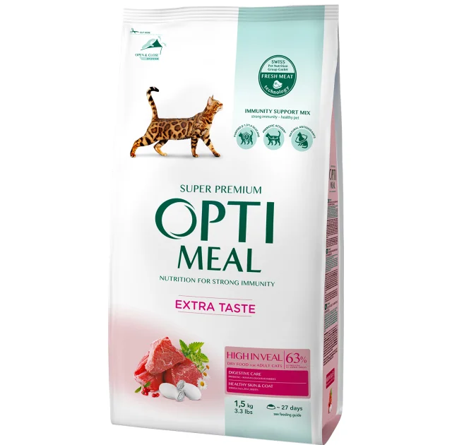 Сухой корм Optimeal для взрослых кошек, с телятиной, 1.5 кг