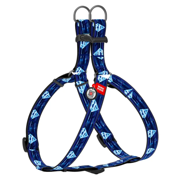 Шлея Waudog Nylon для собак, с QR паспортом, рисунок Супермен 1, синий, 20 мм, 50-80 см