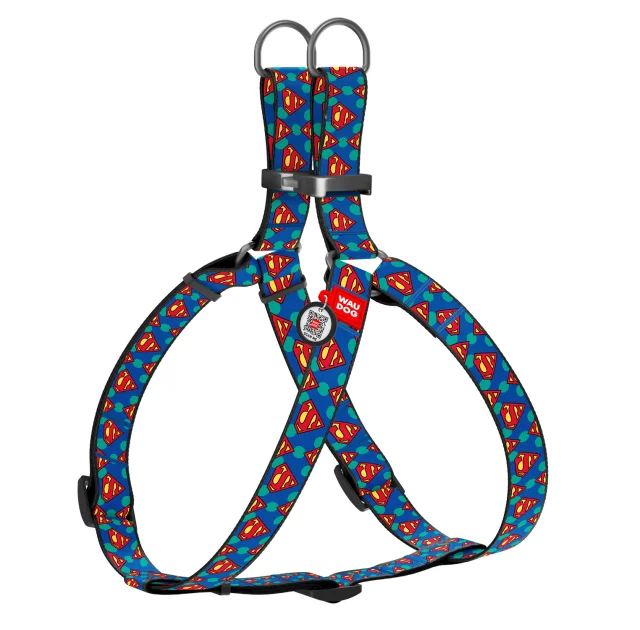 Шлея Waudog Nylon для собак, с QR паспортом, рисунок Супермен Лого, синий, 15 мм, 40-55 см