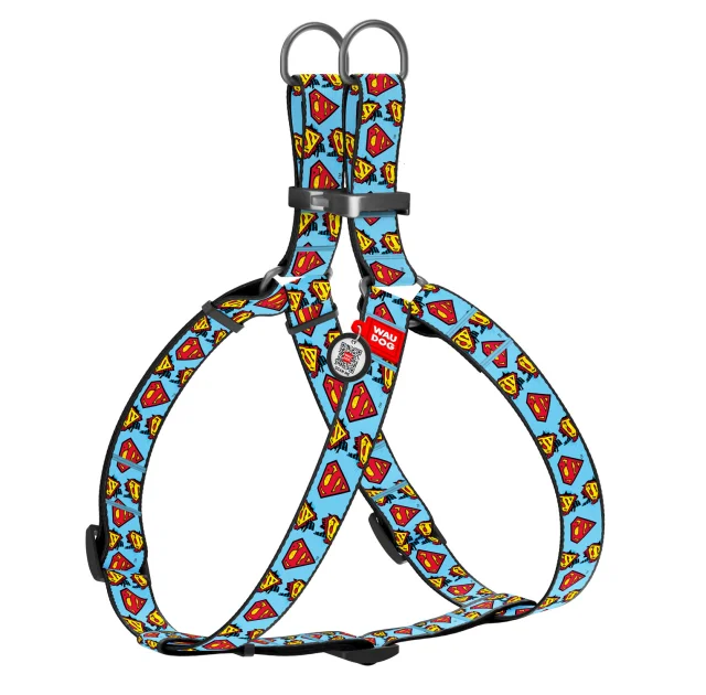 Шлея Waudog Nylon для собак, с QR паспортом, рисунок Супермен, голубой, 20 мм, 50-80 см