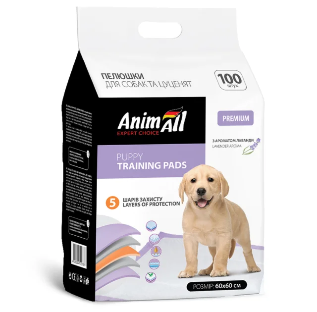 Пелюшки AnimAll Puppy Training Pads для собак і цуценят, з ароматом лаванди, 60×60 см, 100 шт