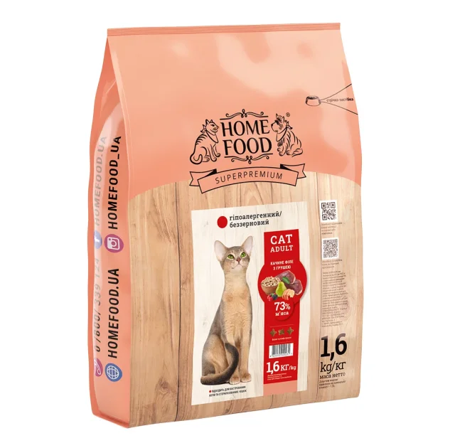 Сухой беззерновой корм Home Food для кошек, гипоаллергенный, с утиным филе и грушей, 1.6 кг