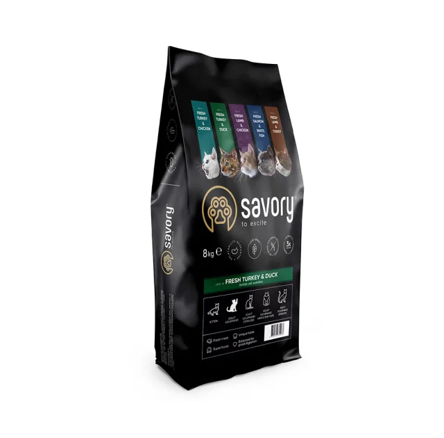 Сухий корм для котів Savory, зі свіжим м’ясом індички та качкою, 8 кг
