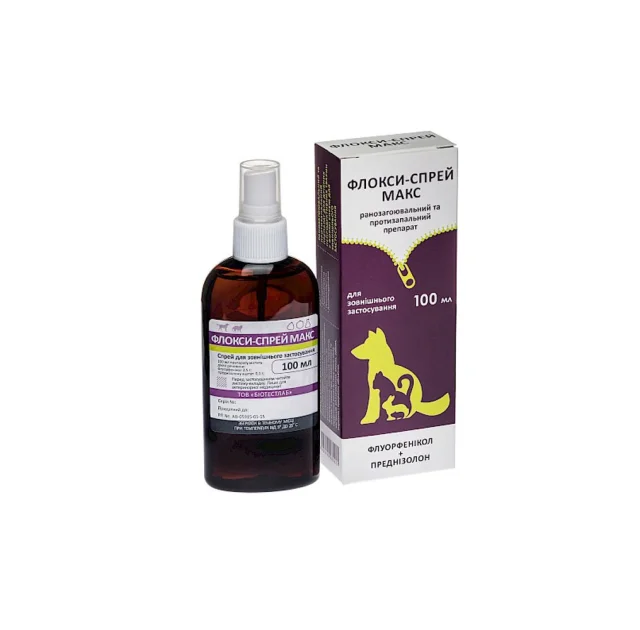 Ранозаживляющее спрей BioTestLab флокси-спрей Макс при дерматите, панариции для собак и кошек, 100 мл