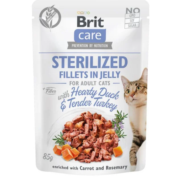 Влажный корм Brit Care Cat pouch, для стерилизованных кошек, филе утки и индейки в желе, 85 г