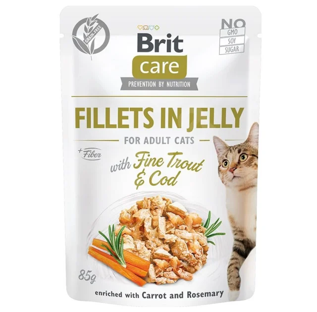 Влажный корм Brit Care Cat pouch, для кошек, филе трески и форели в желе, 85 г
