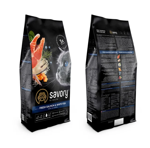 Сухий корм для довгошерстих котів Savory, зі свіжим лососем і білою рибою, 2 кг