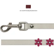 Повідець Cristel для собак тришаровий, з фурнітурою, заклепками и стразами "квіти", шкіра, 12 мм, коричневий