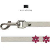 Повідець Cristel для собак тришаровий, з фурнітурою, заклепками и стразами "квіти", шкіра, 12 мм, чорний