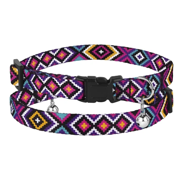 Ошейник BronzeDog Urban, для кошек, нейлоновый, колокольчик, принт гуцульский, фиолетовый, 18-28×1 см