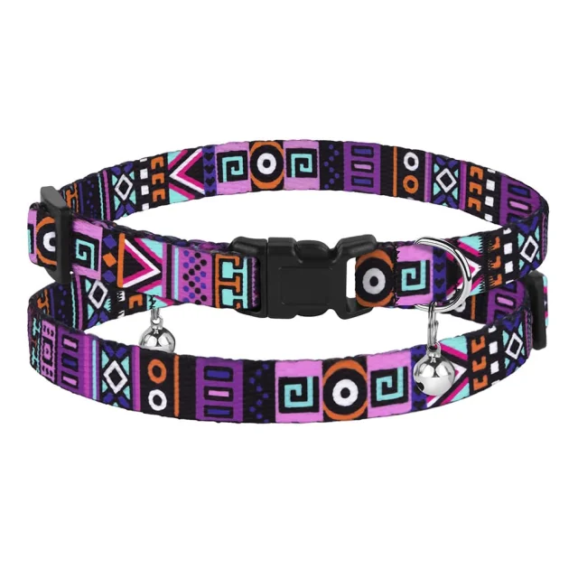 Ошейник BronzeDog Urban, для кошек, нейлоновый, колокольчик, принт этнический, фиолетовый, 18-28×1 см