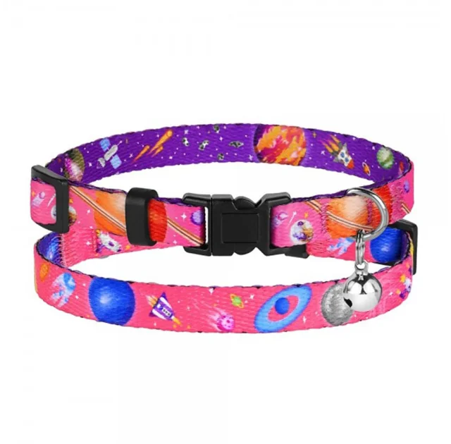 Ошейник BronzeDog Urban Cosmos, для кошек, нейлоновый, колокольчик, розовый, 18-28×1 см