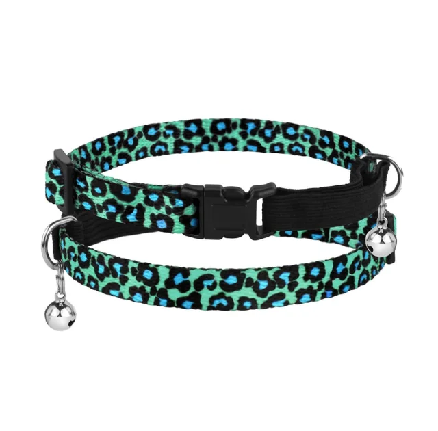 Ошейник BronzeDog Urban, для кошек, нейлоновый, колокольчик, принт леопард, бирюзовый, 18-28×1 см