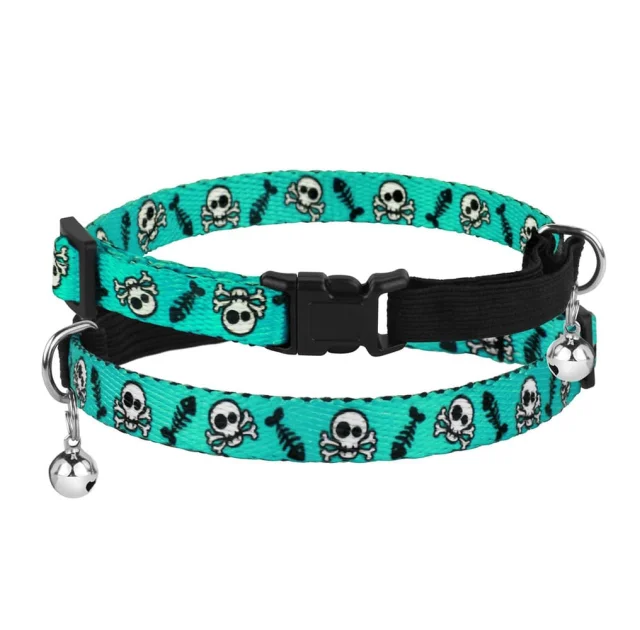 Ошейник BronzeDog Urban, для кошек, нейлоновый, колокольчик, принт черепа, бирюзовый, 18-28×1 см