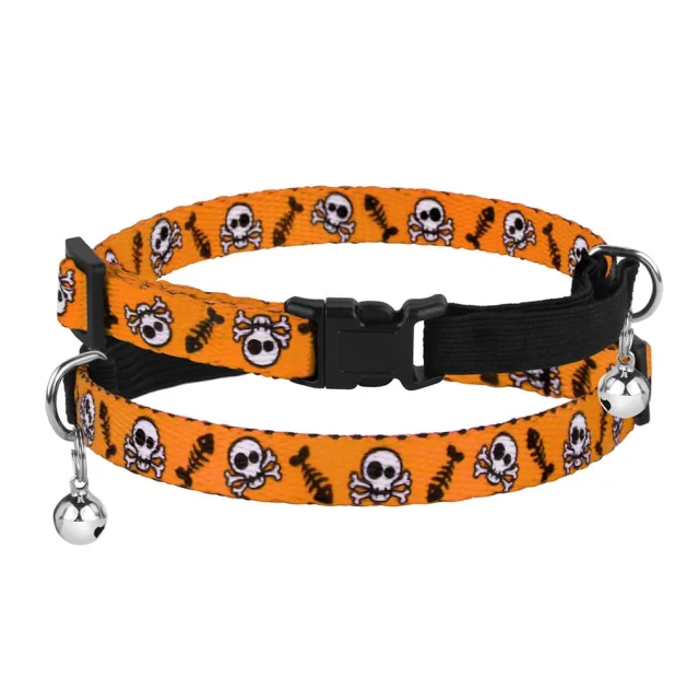 Ошейник BronzeDog Urban, для кошек, нейлоновый, колокольчик, принт черепа, жёлтый, 18-28×1 см