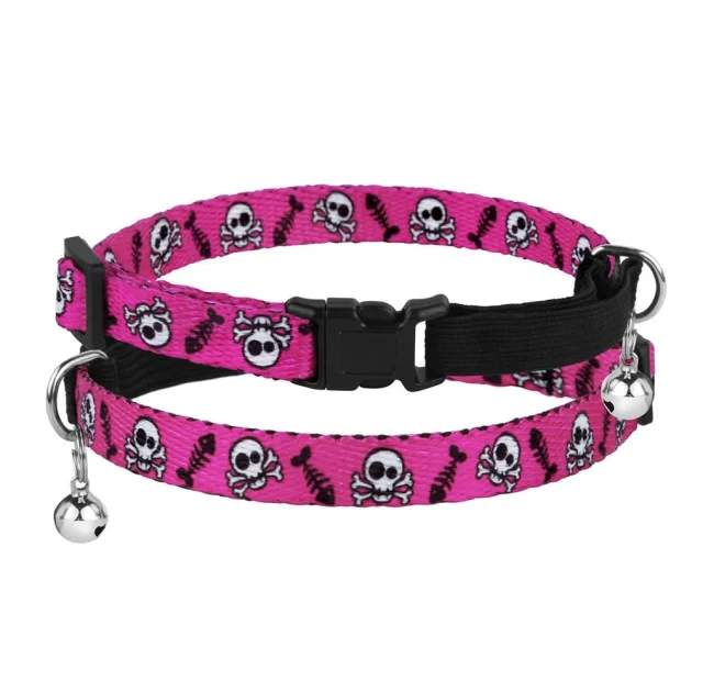 Ошейник BronzeDog Urban, для кошек, нейлоновый, колокольчик, принт черепа, розовый, 18-28×1 см