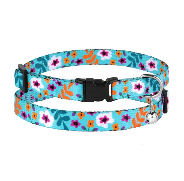Ошейник BronzeDog Urban, для кошек, нейлоновый, колокольчик, принт цветы, ментол, 18-28×1 см