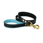 Повідець BronzeDog для собак, шкіряний, лита латунна фурнітура, чорно-блакитний, 122×1.6 см